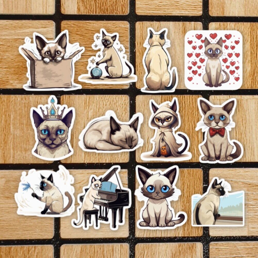 Siamese  Sticker Pack of 12 Vinyl Stickers - Waterproof Die Cut Sticker Set Cats